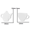 Asymmetric silver teapot and teacup stud earrings showing dimensions 14mm and 13mm - Steel