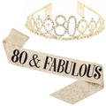 Golden 80th birthday crown and glitter sash set with 80 & Fabulous print - Gold 80 & Fabulous Set