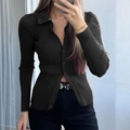 Slim fit black ribbed knit cardigan featuring a polo collar and front button closure - S / Black