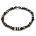 Herrenarmband aus Tigerauge und Hämatit mit silbernen Metallelementen auf Weiß - Gelbes Tigerauge Stil (B031)