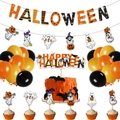 Halloween party decoration set with banner, balloons, and pumpkin cake toppers - Halloween Ghost Banner Balloon Topper Combination