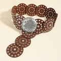 Brown western style wide waist belt featuring interconnected leather rings and silver studs - Antique Silver Red Brown Style B / 115cm