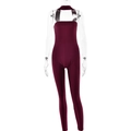 Detail of burgundy halter neck jumpsuit showing elastic fit and slim leg design - S / Burgundy