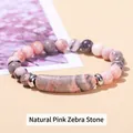 Natural Pink Zebra Stone beaded bracelet with marble texture and silver spacer beads - Natural Pink Zebra Stone