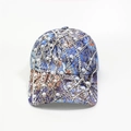 Detail view of colorful floral baseball cap with inlaid pearls and metallic studs - Adjustable / Blue Stripe