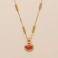Layered titanium steel necklace with a gold plated chain and oval red gemstone pendant - Pink Jade