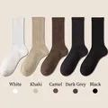 Five pairs of ribbed mid-calf cotton socks in white, khaki, camel, dark gray, and black colors - One Size / Beige, Khaki, Camel, Dark Grey, Black