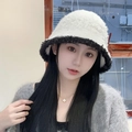 Winter plush bucket hat for women in cream white with black faux fur trim accents - Plush Fisherman-White