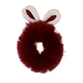 Detailed view of a dark red plush scrunchie with cute white faux fur bunny ears decoration - Wine Red Bunny Ears