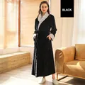 Thick black flannel bathrobe with gray plush trim and waist belt for women in winter - M / Mrs. / Black