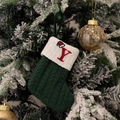 Dark green knitted Christmas stocking featuring red embroidered letter Y with a Santa hat - Green/Letter Y