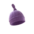 Detail of newborn knotted baby hat in purple soft knit cotton with a top knot design - Marbled Deep Purple