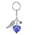 Detail of silver angel wing and blue heart urn keychain with memorial engraving - Blue