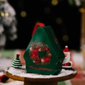 Green house-shaped Christmas tin box with red Merry Christmas text and handle - Style F Dark Green Wreath