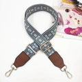 Adjustable blue ethnic pattern canvas bag strap with brown PU leather and gold hooks - Foggy Blue + Brown Leather