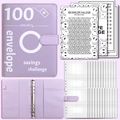 Light purple 100 envelope savings challenge binder set with tracking cards and clear sleeves - Purple Shell + 25 Numbered Sleeves + 2 Smile Trackers / Purple (Printed + 2 Smile Papers)