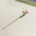 Golden hair pin with pink frosted flower and green leaf on white tabletop - Tulip Style Pink (4#)