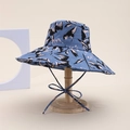 Navy blue reversible wide brim sun hat with floral pattern and adjustable bow strap - Flower Style / Blue