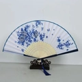 Japanese style folding fan with blue floral porcelain patterns and silk tassel - Blue and White Porcelain Style Floral Butterfly (Style 48)