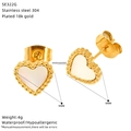 Detail view of 9mm heart earrings with abalone shell in 18k gold plated stainless steel - Heart Shape (SE322G)