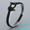 Men's black braided leather bracelet with black horseshoe shackle clasp, 210mm length - Style C Black (KB205372-JR)
