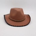 Classic tan felt cowboy hat featuring ethnic beaded band and scalloped black trim detail - Khaki Black Edge With Brown Wood Beads