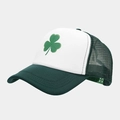 Side view of mesh trucker hat with shamrock print and breathable back panels - Dark Green and White