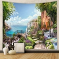Dettaglio di arazzo da parete con paesaggio urbano mediterraneo, fiori e vista mare - 73*95CM / GT109906 / Tessuto Spazzolato