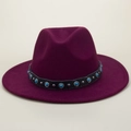 Purple wide-brim felt fedora hat with bohemian turquoise studded leather band decoration - M (56-58cm) / Burgundy