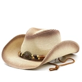 Detail of woven straw cowboy hat with gradient finish and ethnic bead decoration strap - M(56-58cm) / Beige Coffee