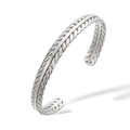 Detailed close-up of a silver twisted wheat rope texture on an open cuff bracelet - Silver