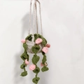Handmade crochet hanging plant car ornament with pink flowers and green vines in beige pot - White Basket + Flat Leaves + Pink Flowers