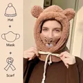 Hellbraune 3-in-1 Plüschmütze mit Schal und Maske mit süßer Bärenbestickung für Damen - Masken Bären-Stil / Braun