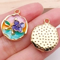 French vintage enamel round pendant with purple floral oil painting in gold finish - Purple Three-Tone Flower Pendant-21174