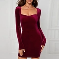 Elegant wine red velvet long sleeve bodycon dress with square neckline and slim fit - M / Burgundy