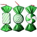 Three 40cm green metallic candy Christmas ornaments with white stripes and red ribbons - Set A Green White Round and Square Candy Set