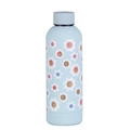 Close-up of light blue vacuum flask with white daisy and colorful smiley face patterns - Light Blue Smiley Daisy
