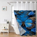 Detail of waterproof butterfly and rose print shower curtain with reinforced metal eyelets - SYL-3 (Blue Rose Butterfly/Single Curtain) / 181x188cm
