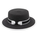 Black boater straw hat with white ribbon bow and wide brim for sun protection - Black