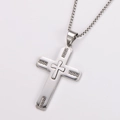 Detail of silver stainless steel cross pendant with Greek Key pattern and relief texture - Large / With Chain / Steel