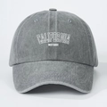 Detailed front view of washed gray baseball cap with white California embroidery - One Size / Gray