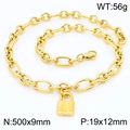 Golden titanium steel oval link chain necklace with metal lock pendant in 500mm length - Padlock Pendant Necklace (KN217610-Z)