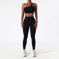 Women's black one-shoulder yoga set with high waist compression leggings and sports bra - 10/M / One Shoulder Pants Premium Black