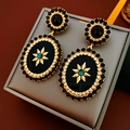 Vintage oval earrings featuring turquoise center stone and black crystal borders in gold - Silver Earring Post Turquoise Vintage Luxury Earrings