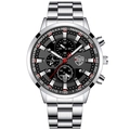 Men's chronograph watch with silver stainless steel band and black dial details - Silver Strap Black Dial Silver Hands