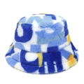 Blue yellow and white patchwork faux fur bucket hat with abstract geometric patterns - Blue