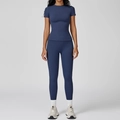 Slim fit brushed navy blue yoga set with short sleeve round neck tee and high waist leggings - S / Short Sleeve + Leggings / Navy Blue