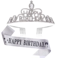 Detailed view of silver birthday tiara with rhinestones and glitter sash decoration - Set / Silver Jewelry Set