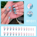 Faux ongles amande moyens avec cœurs bleus, vagues blanches et motifs étoiles - Style Amande Cœur Bleu (W1011【胶水款】)