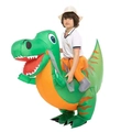 Close-up of children inflatable green dinosaur costume with rider effect and orange belly - Cute Green Dinosaur For Kids To Ride / One Size